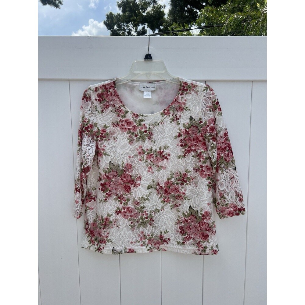 C.D Petites Womens Top Lace Shell Floral Pink 3/4 Sleeve Lined Nylon Sz PS